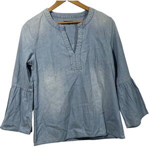 J Crew Womens Chambray Top V Neck Bell Sleeves Sz S Coastal Beachy Casual